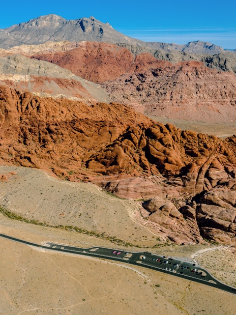 Aerial view of red rock sandstone formations in Red Rock Canyon near Las Vegas.