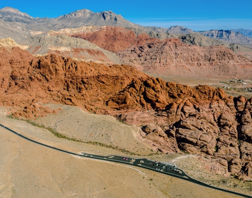 Aerial view of red rock sandstone formations in Red Rock Canyon near Las Vegas.