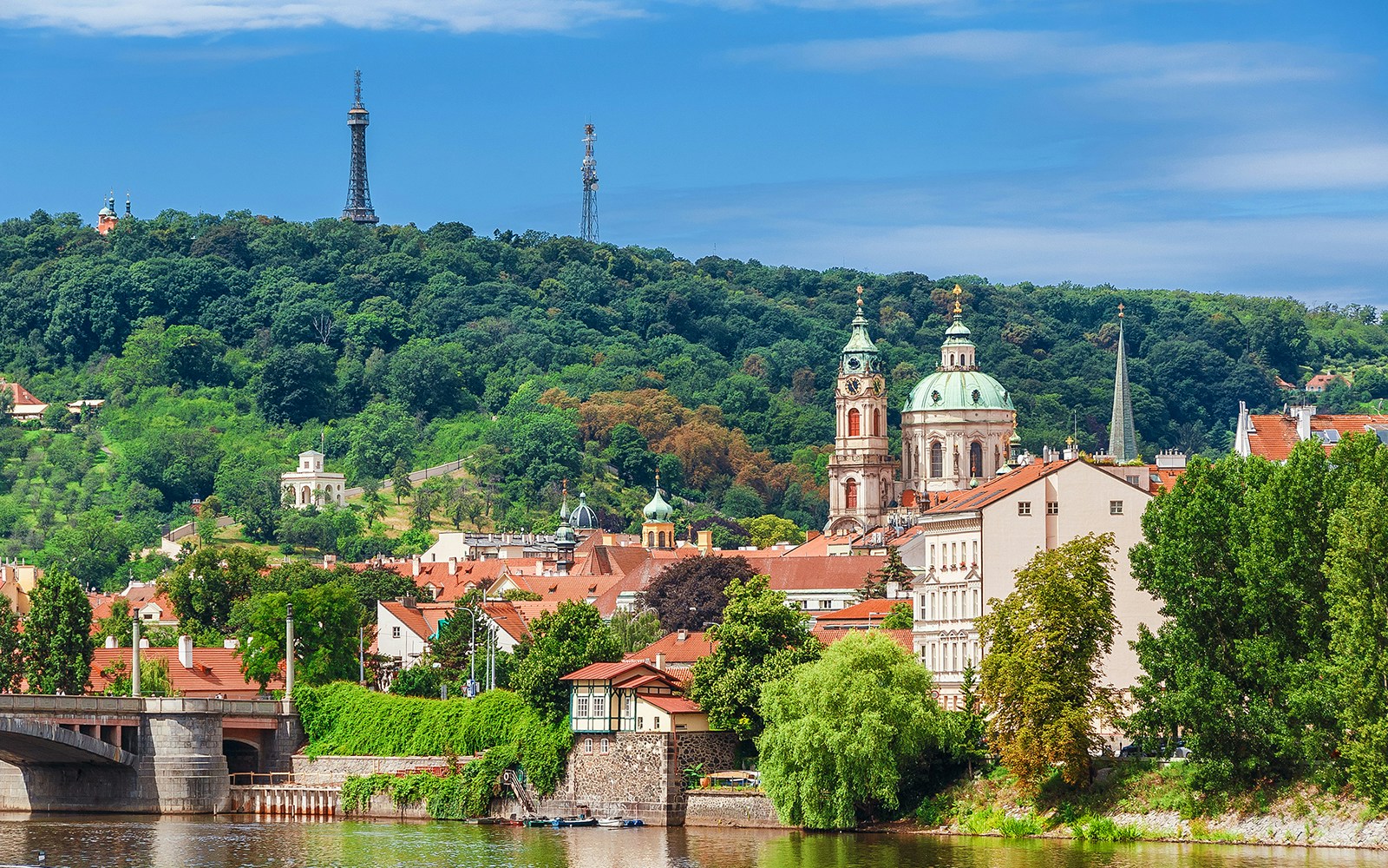 Prague's Mala Strana district and Vltava River with Petrin Hill in the background.