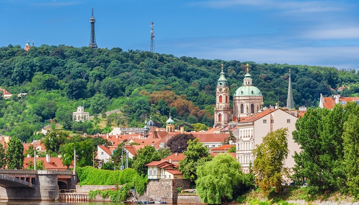 View of Prague Mala Strana old district and River Vltala with Petrin Hill