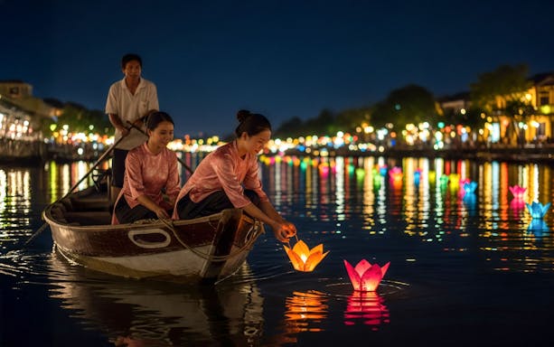 Women releasing lanterns on Hoi An river, Vietnam, during traditional festival.