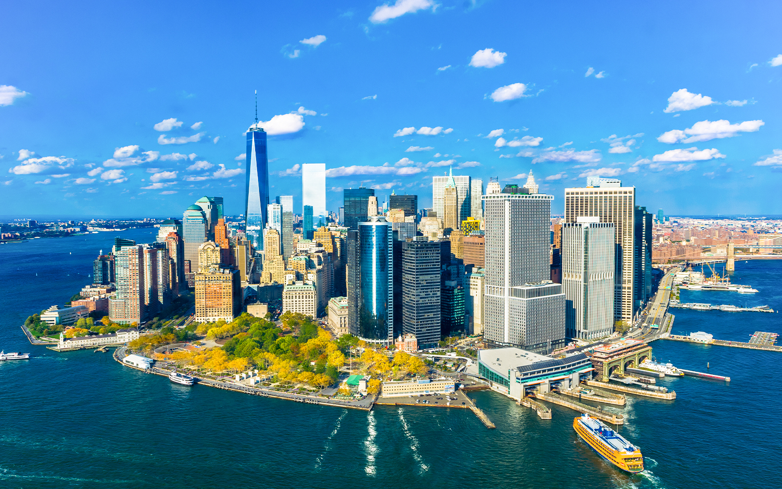 Aerial view of Lower Manhattan skyline with One World Trade Center, NYC.