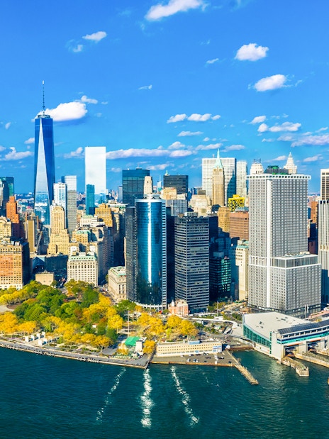 Aerial view of Lower Manhattan skyline with One World Trade Center, NYC.