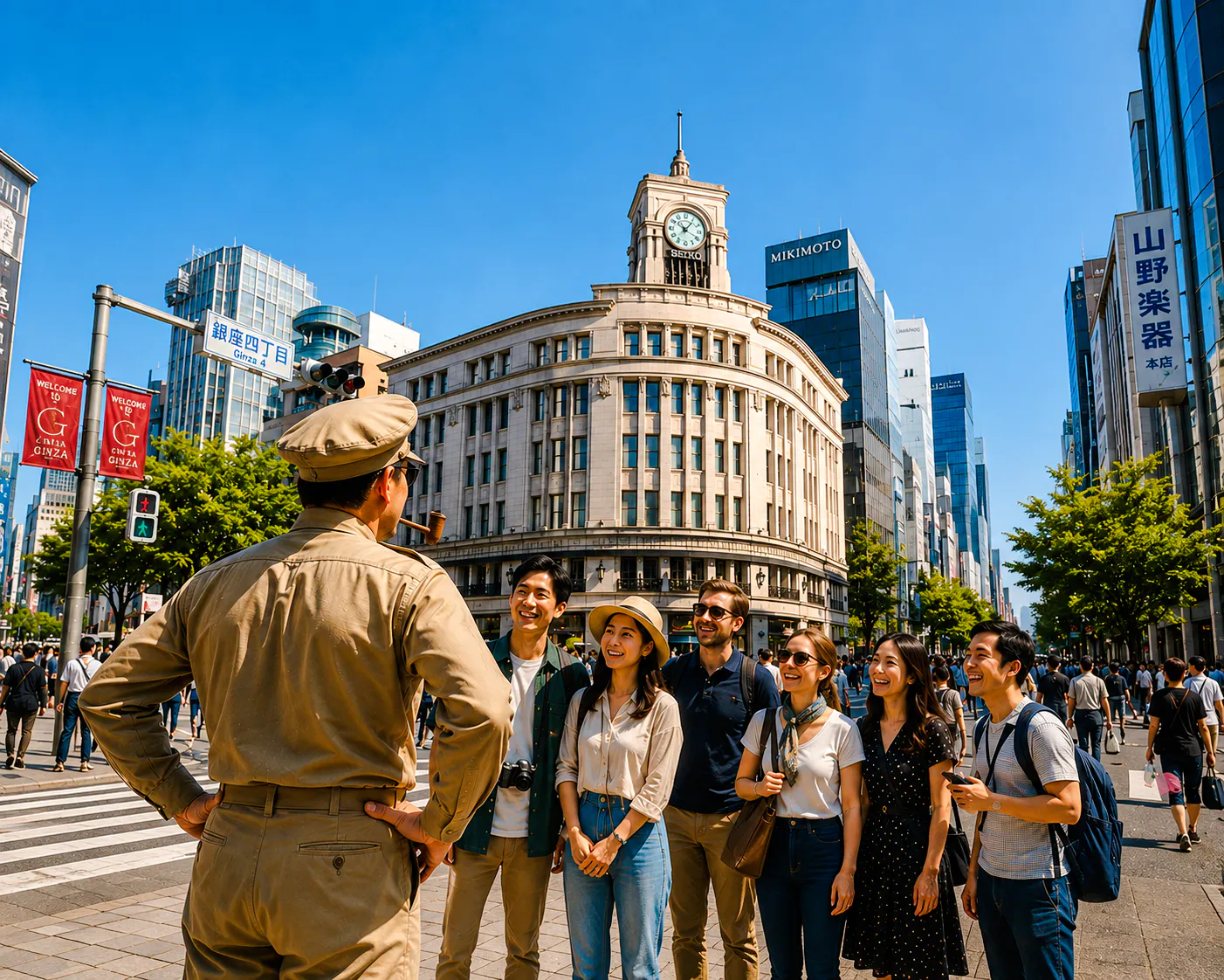 Group of tourists with guide in Ginza, Tokyo, near iconic clock building.