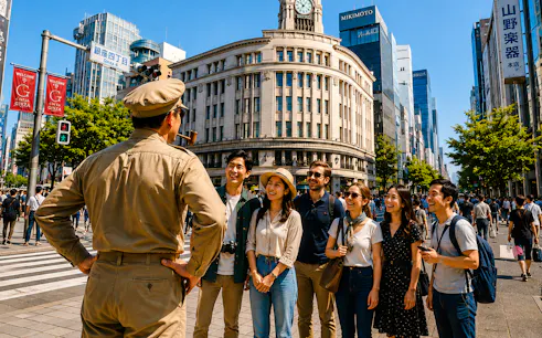 Group of tourists with guide in Ginza, Tokyo, near iconic clock building.
