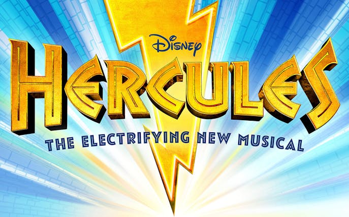 Disney's Hercules musical logo with lightning bolt background.
