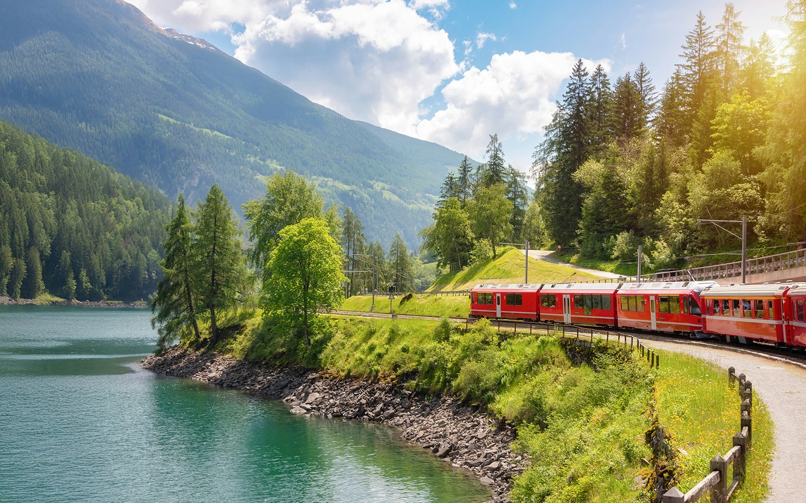 Bernina train moving along Lago Di Poschiavo in switzerlamd in summer