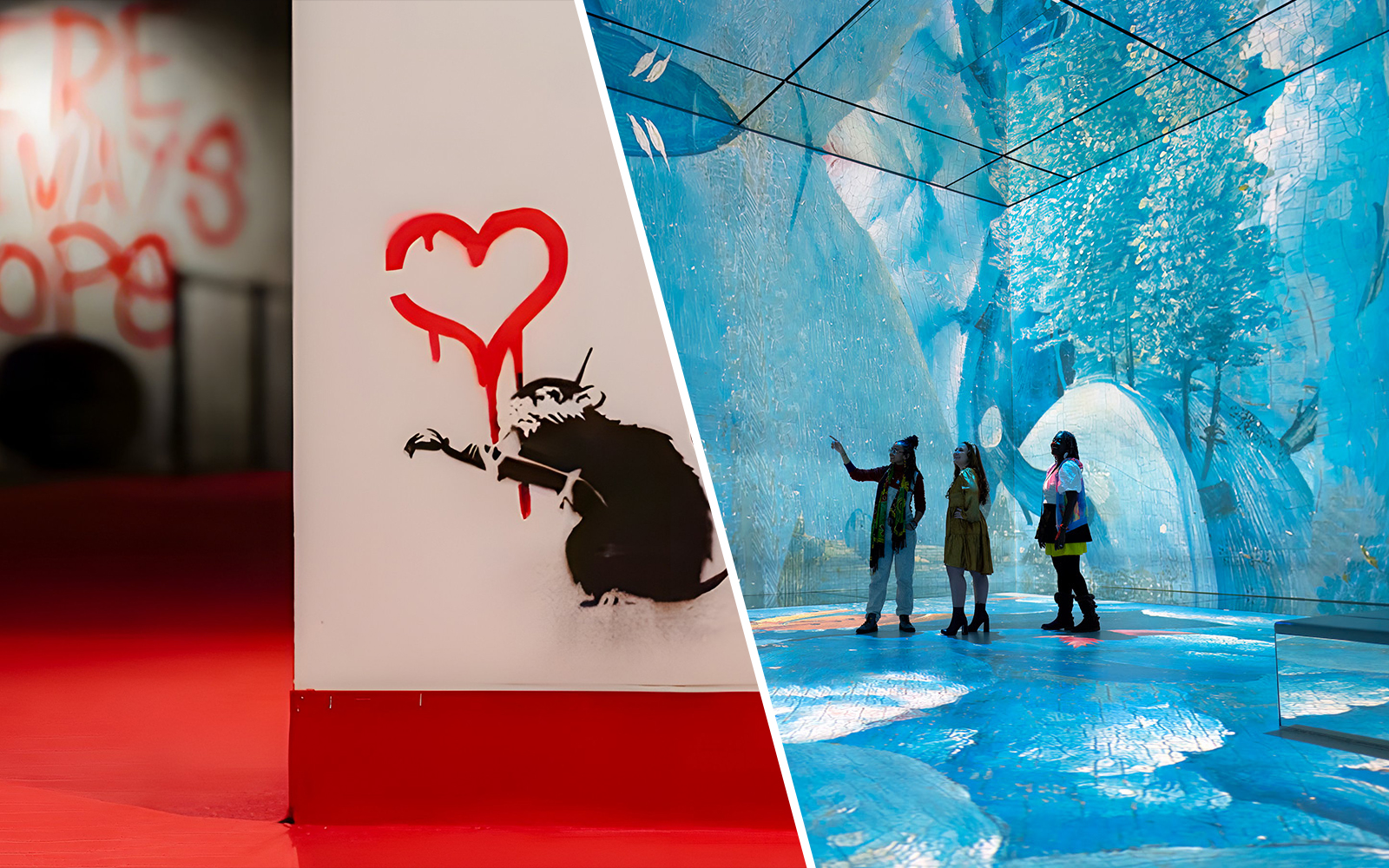 Banksy artwork with heart and rat at Limitless Exhibition; visitors explore immersive Frameless Exhibition.