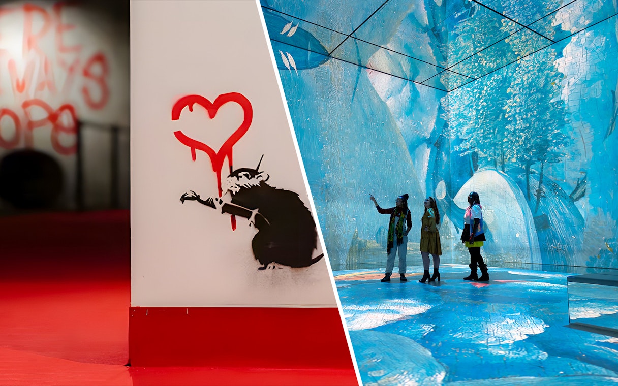 Banksy artwork with heart and rat at Limitless Exhibition; visitors explore immersive Frameless Exhibition.