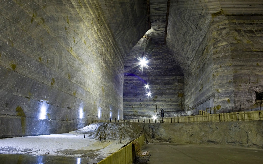 Slanic Salt Mine interior with illuminated walls, Bucharest tour.