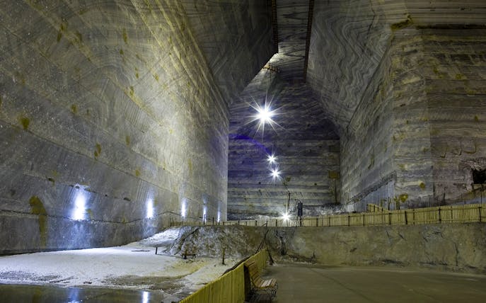 Slanic Salt Mine interior with illuminated walls, Bucharest tour.