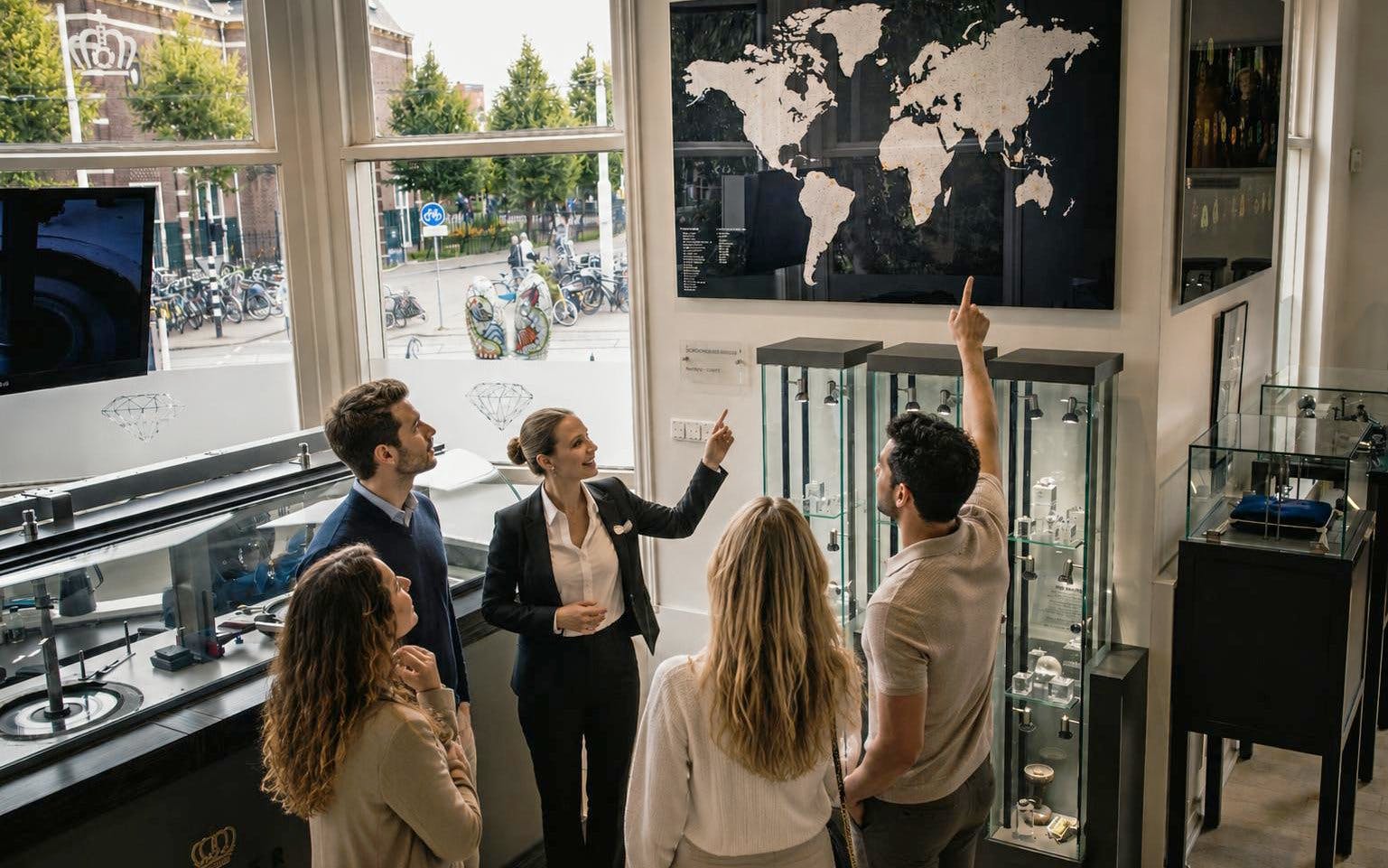 Group touring Royal Coster Diamonds showroom with world map display.