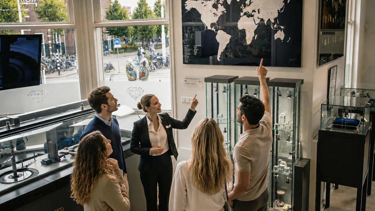 Group touring Royal Coster Diamonds showroom with world map display.