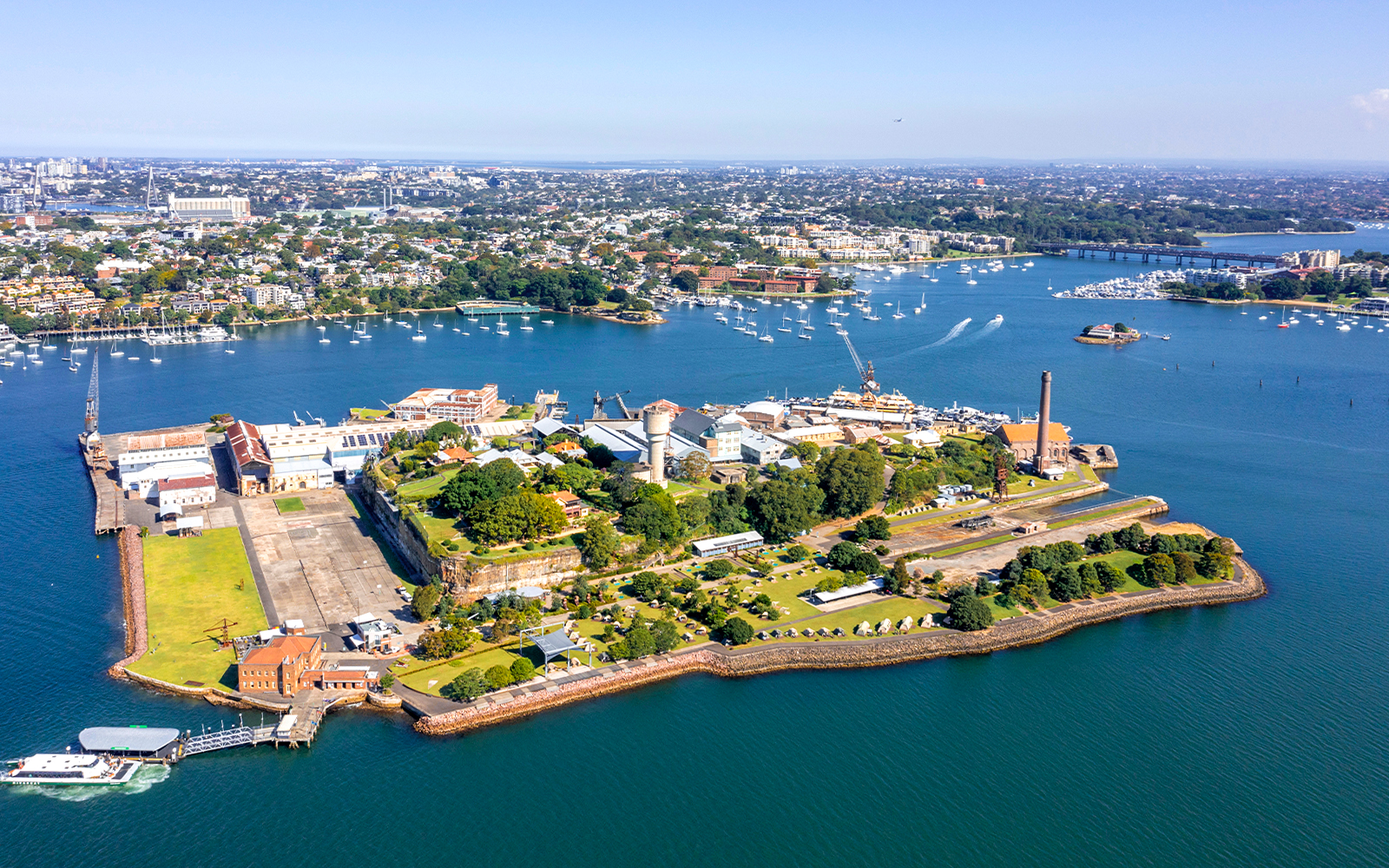 Cockatoo Island historic buildings and waterfront view in Sydney, Australia.