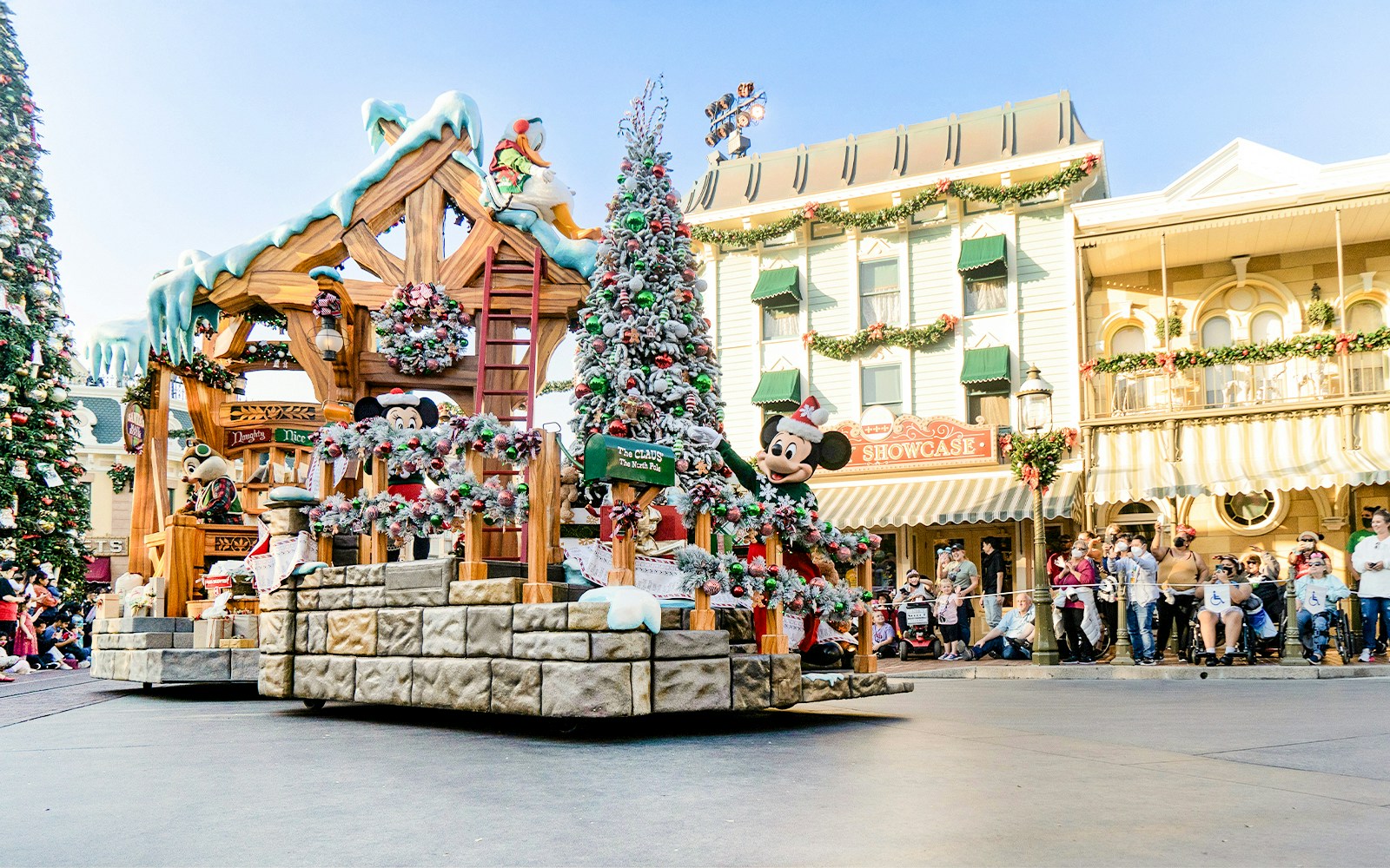 Christmas parade float with Mickey Mouse at Walt Disney World Orlando.