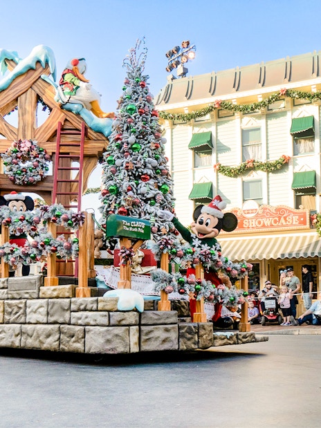 Christmas parade float with Mickey Mouse at Walt Disney World Orlando.