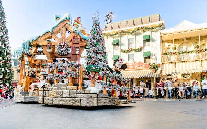 Christmas parade float with Mickey Mouse at Walt Disney World Orlando.