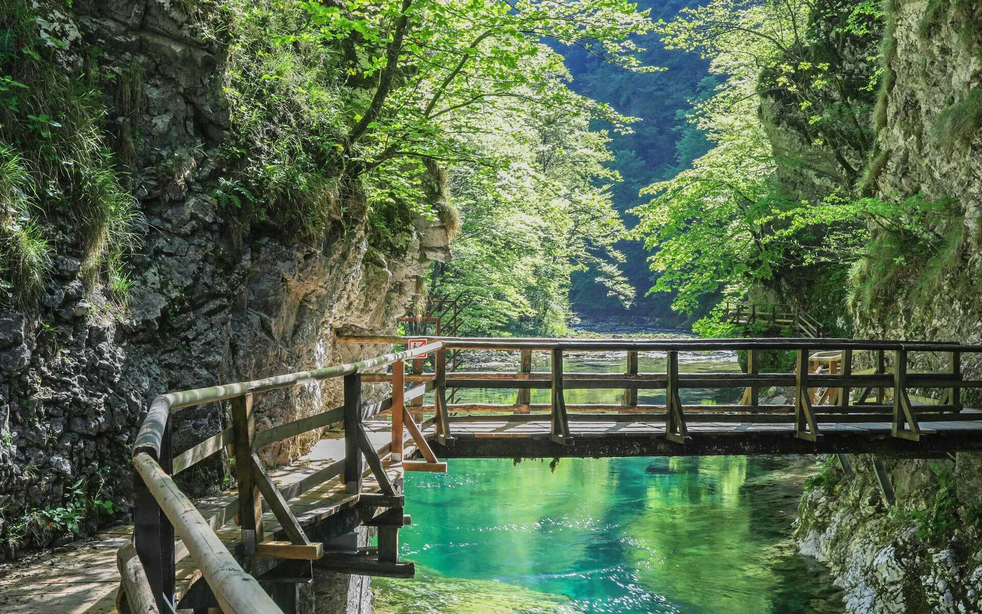 Wooden walkway over turquoise water in Vintgar Gorge, Slovenia, surrounded by lush greenery.