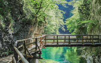 Wooden walkway over turquoise water in Vintgar Gorge, Slovenia, surrounded by lush greenery.