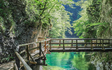 Wooden walkway over turquoise water in Vintgar Gorge, Slovenia, surrounded by lush greenery.