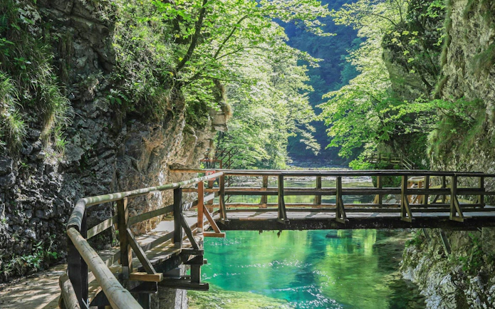 Wooden walkway over turquoise water in Vintgar Gorge, Slovenia, surrounded by lush greenery.