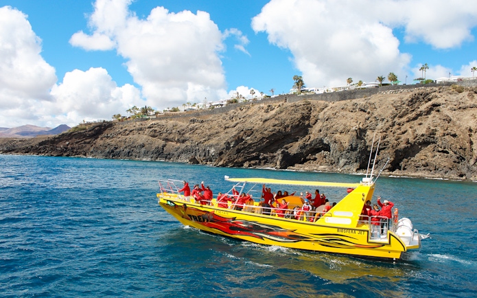 Tourist boat departing port for dolphin watching near rocky coastline.