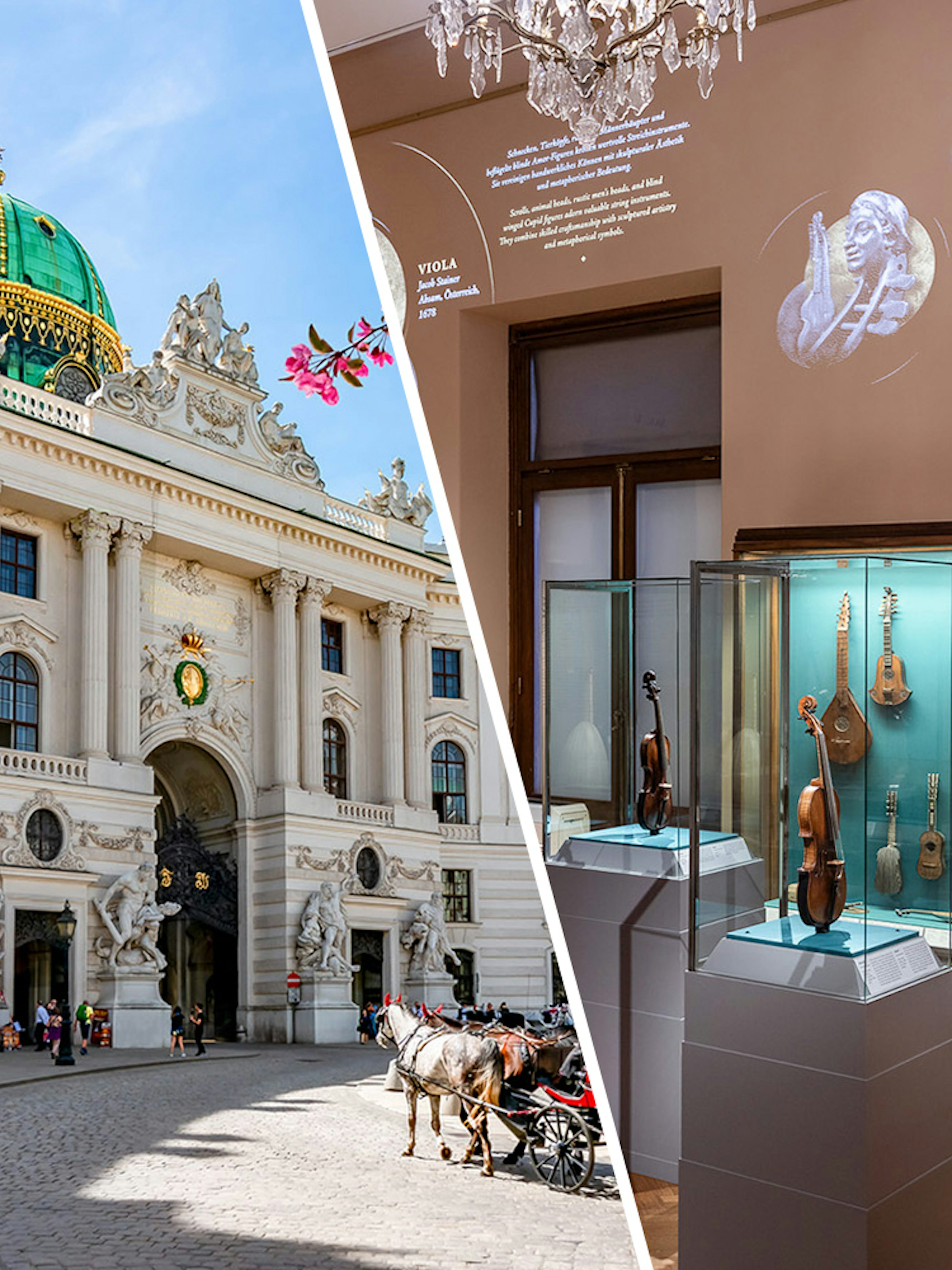 New Hofburg Palace exterior and musical instrument exhibit in Vienna, Austria.