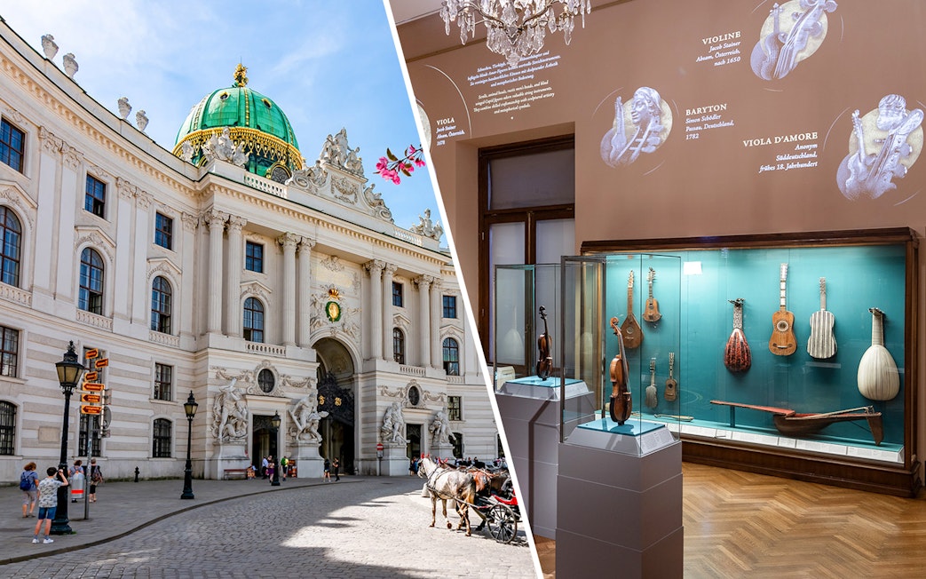 New Hofburg Palace exterior and musical instrument exhibit in Vienna, Austria.