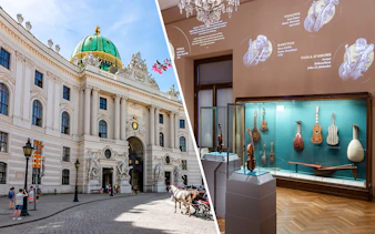 New Hofburg Palace exterior and musical instrument exhibit in Vienna, Austria.