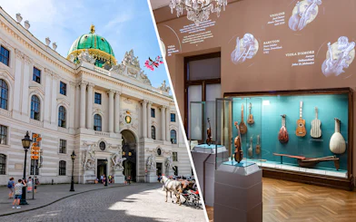New Hofburg Palace exterior and musical instrument exhibit in Vienna, Austria.