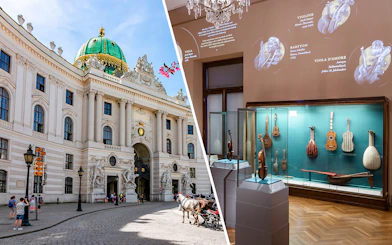 New Hofburg Palace exterior and musical instrument exhibit in Vienna, Austria.