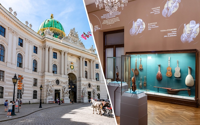 New Hofburg Palace exterior and musical instrument exhibit in Vienna, Austria.