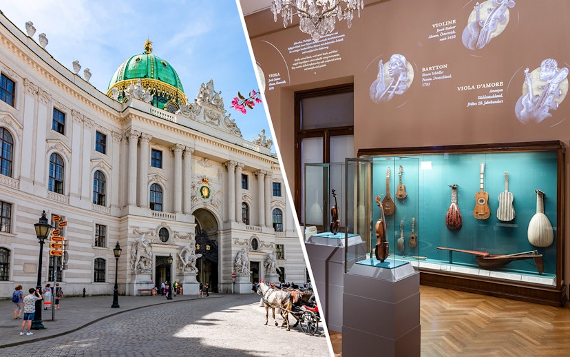 New Hofburg Palace exterior and musical instrument exhibit in Vienna, Austria.