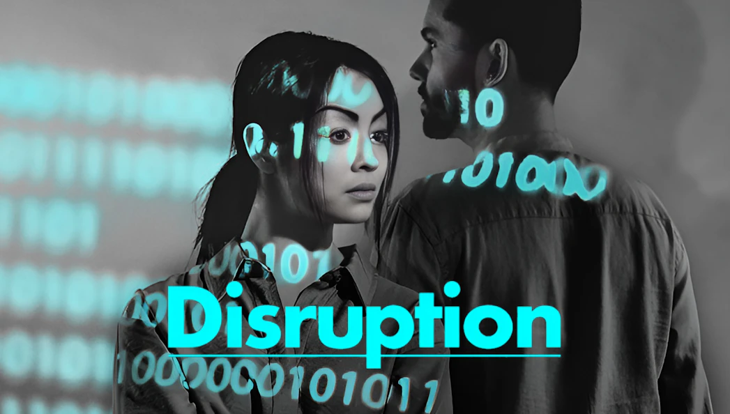 Binary code overlaying two people with the word "Disruption" in bold text.