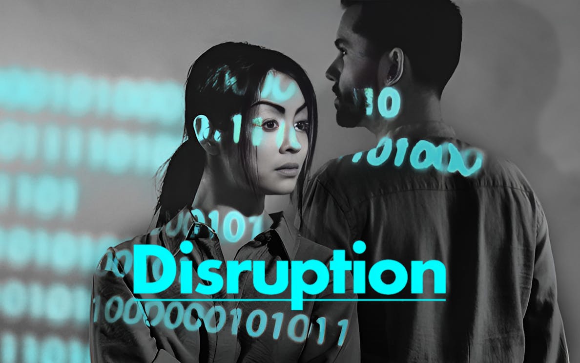Binary code overlaying two people with the word "Disruption" in bold text.