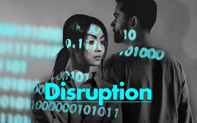 Binary code overlaying two people with the word "Disruption" in bold text.