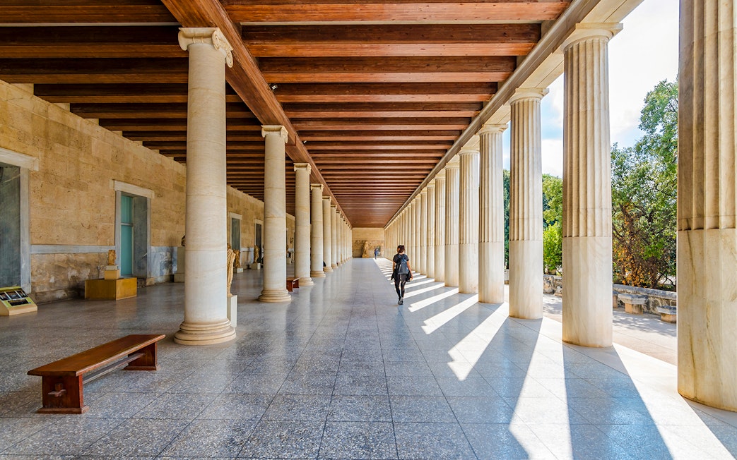 Stoa of Attalos colonnade in the Ancient Agora of Athens, Greece.