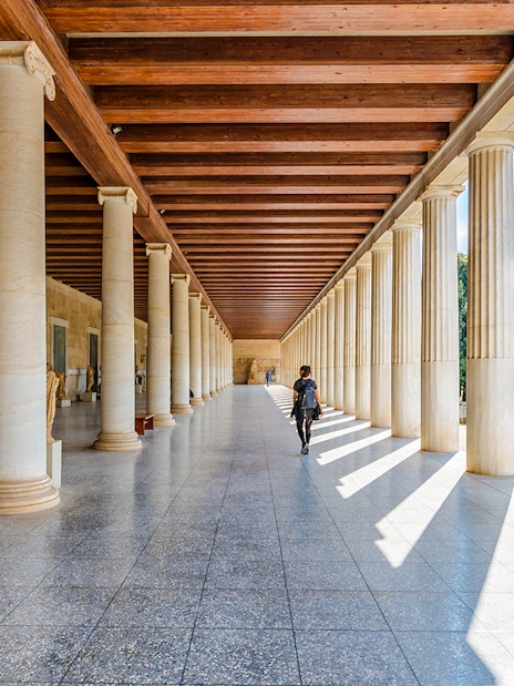 Stoa of Attalos colonnade in the Ancient Agora of Athens, Greece.