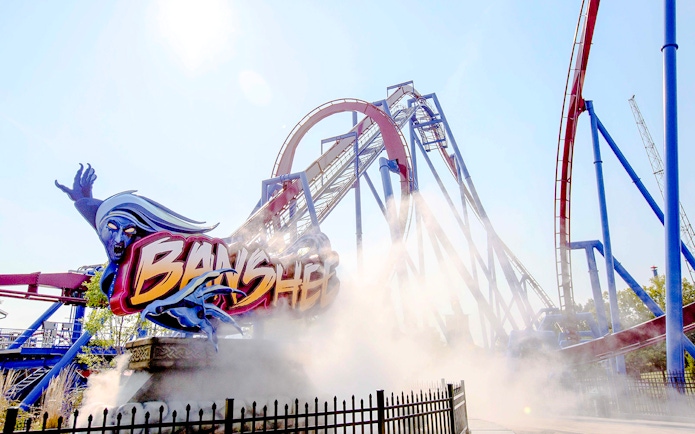 Banshee roller coaster with mist and track at Kings Island.
