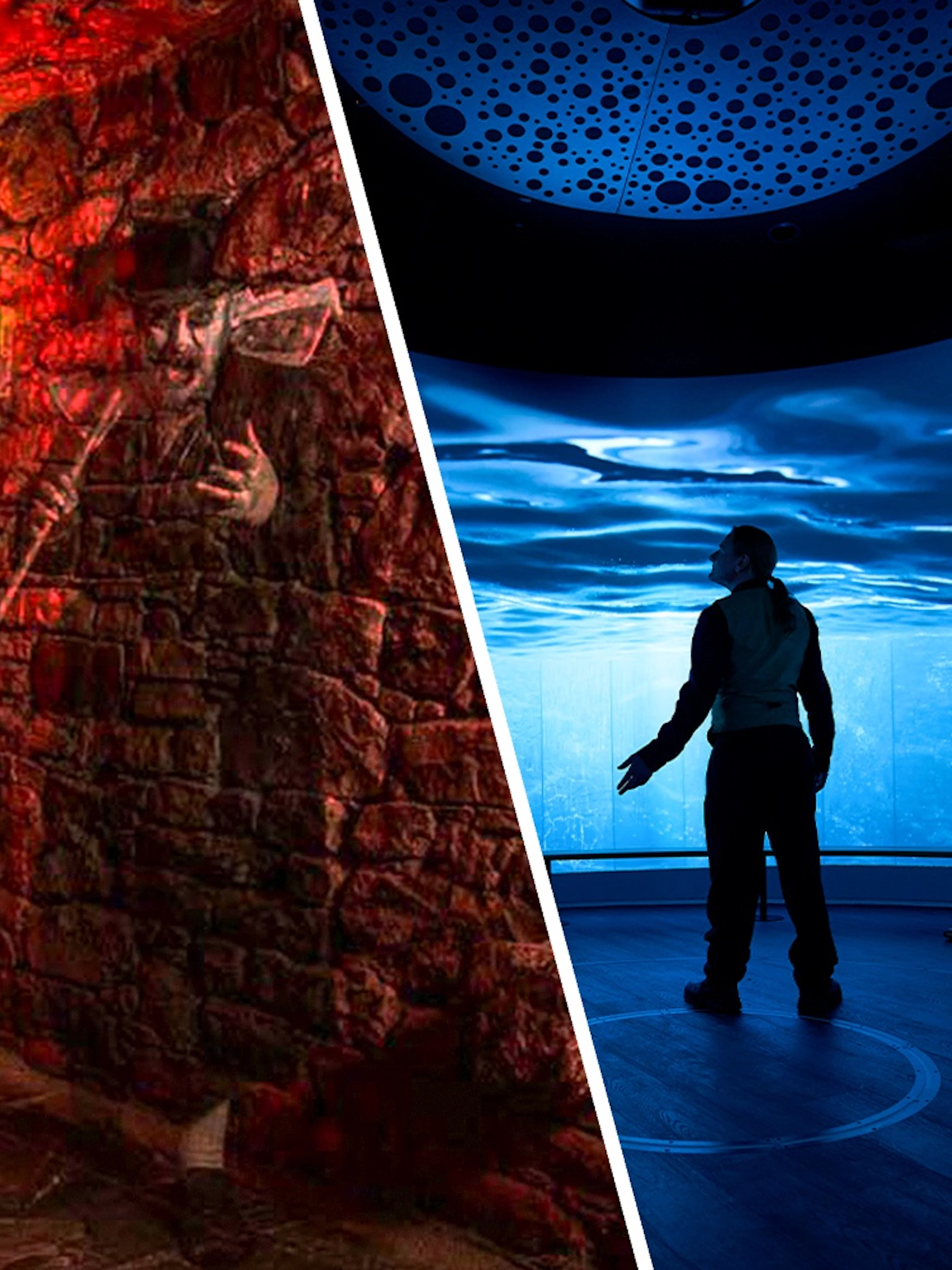 People seated in a room with immersive ocean visuals, Scotland exhibit.