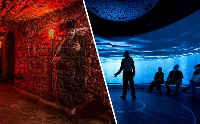 People seated in a room with immersive ocean visuals, Scotland exhibit.