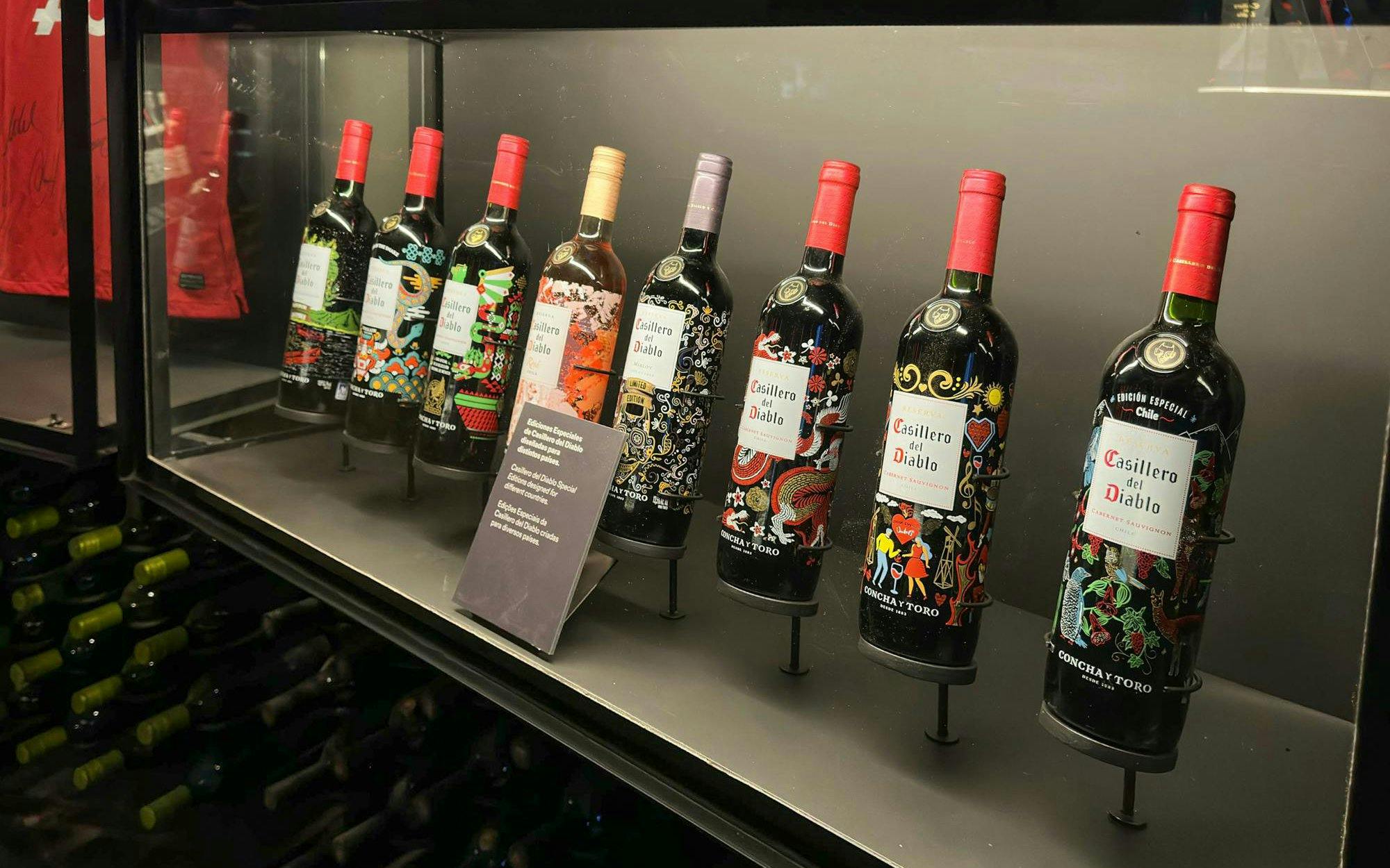 Casillero del Diablo wine bottles on display at Viña Concha y Toro in Santiago, Chile.