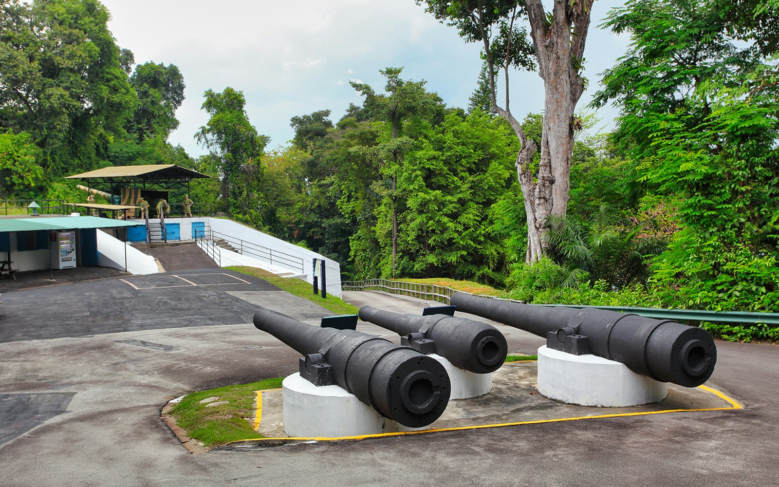 Cannons at Fort Siloso, Singapore, surrounded by lush greenery in February.