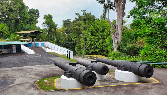 Cannons at Fort Siloso, Singapore, surrounded by lush greenery in February.