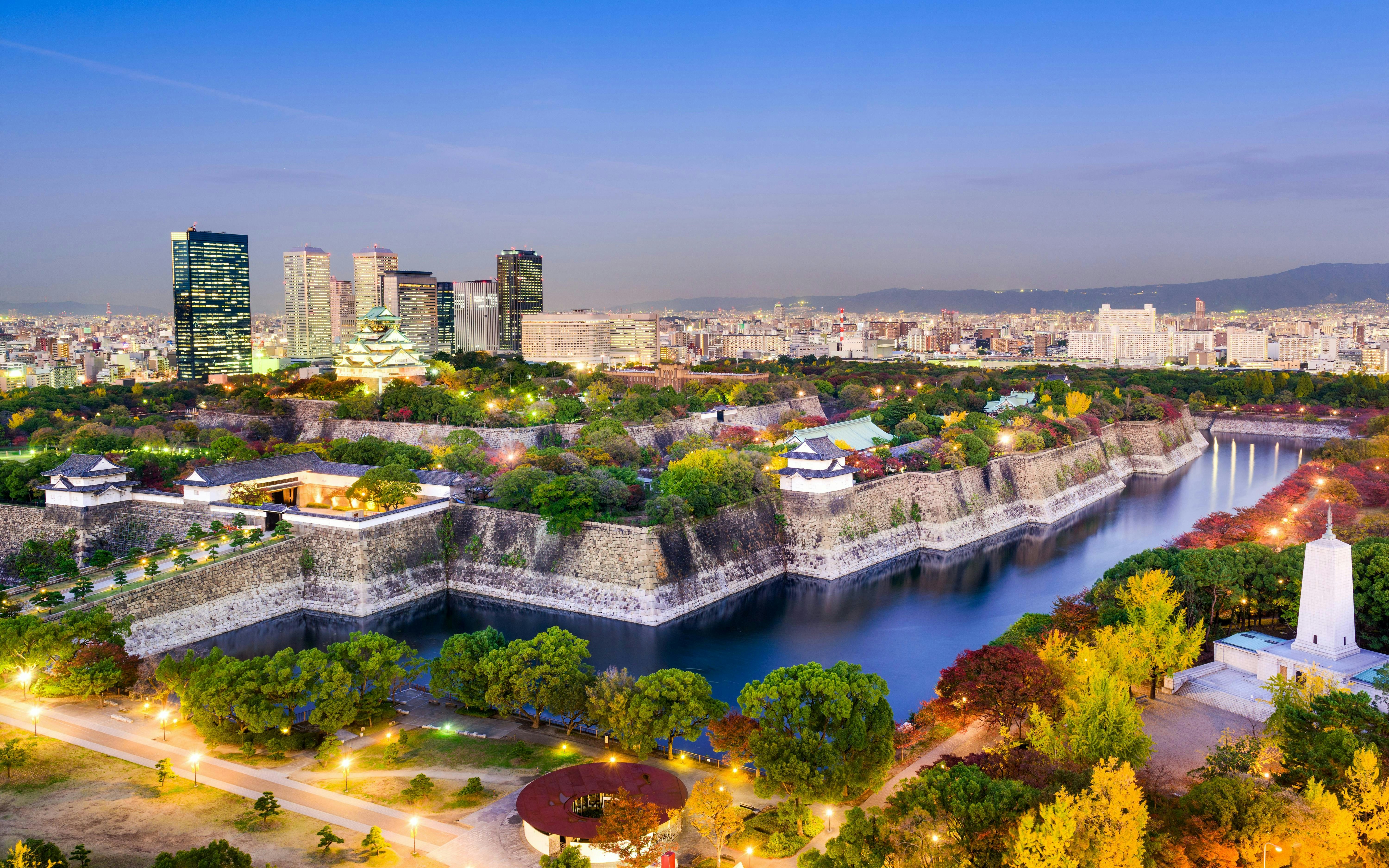 Night view of Osaka Castle and moat reflections