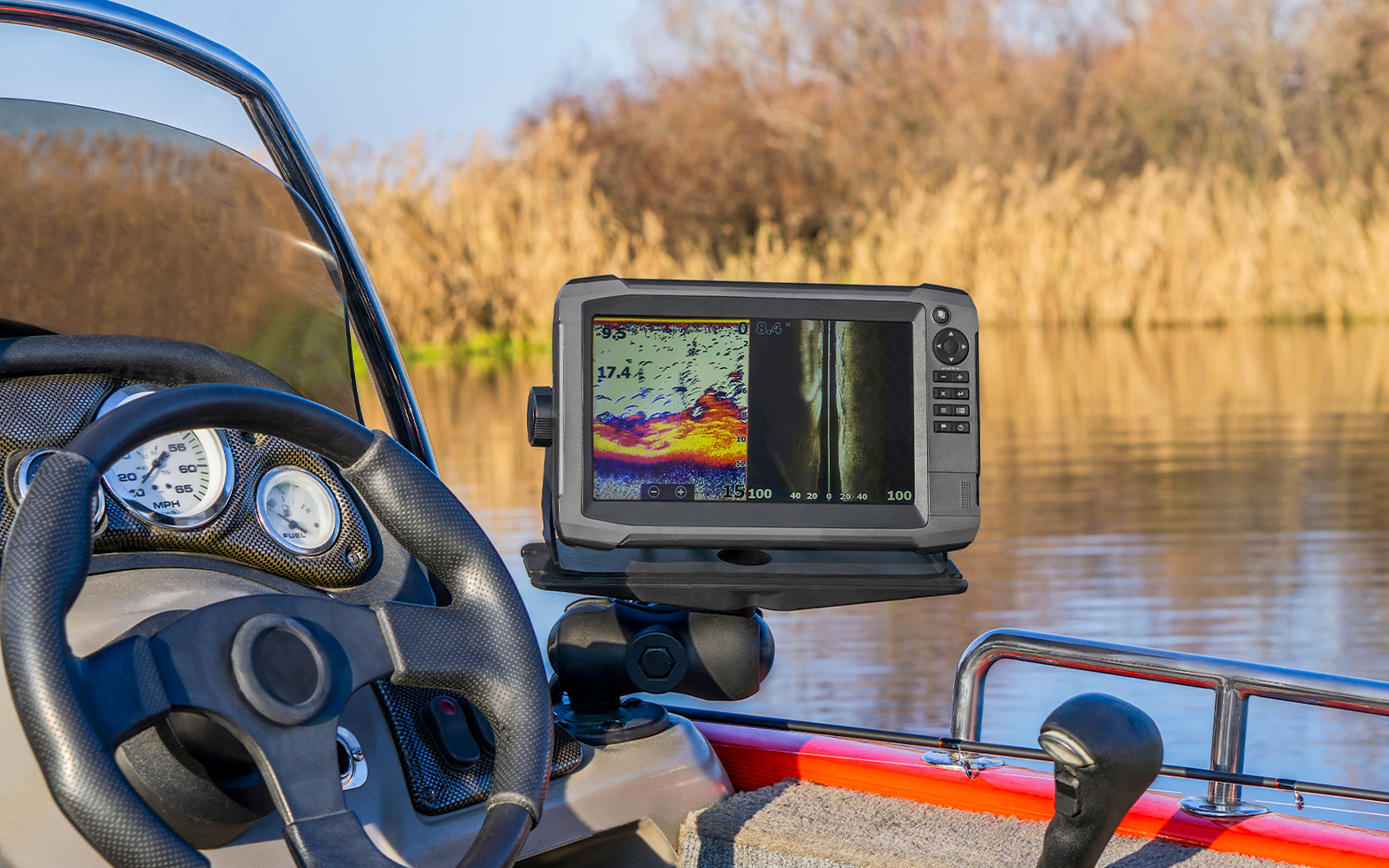 Boat dashboard with sonar display on Loch Ness cruise.