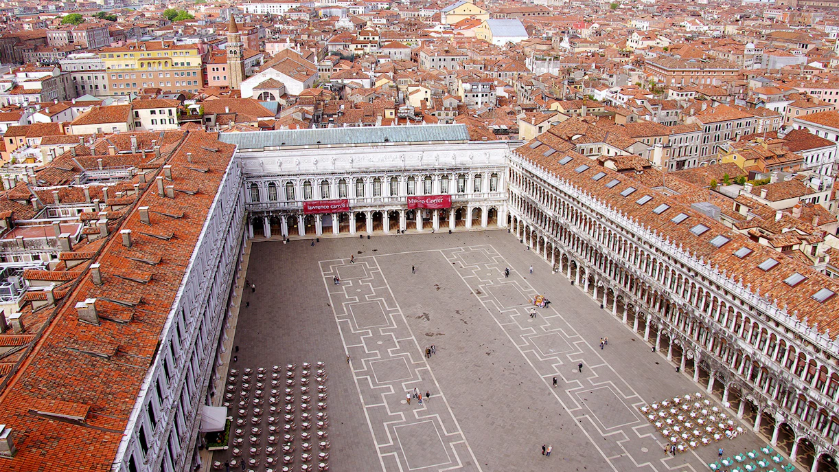 Aerial view of St. Mark’s Square with Procuratie Nuove in Venice, Italy.