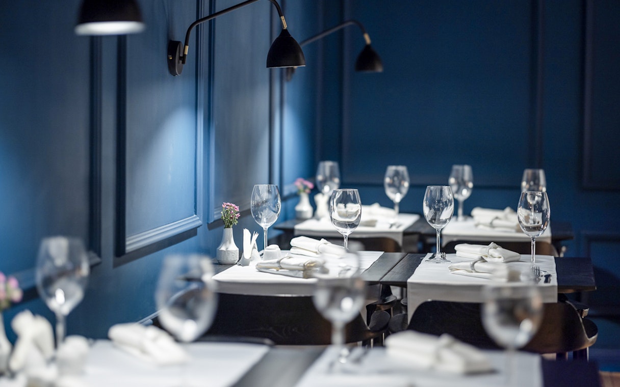 Dining area setup for Czech tapas cuisine tasting tour.