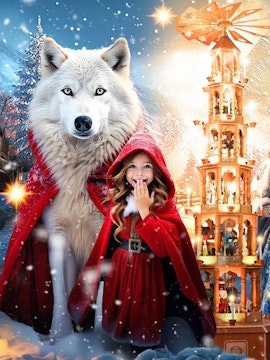 Girl in red cloak with white wolf and festive tower, Tokyo winter attraction.