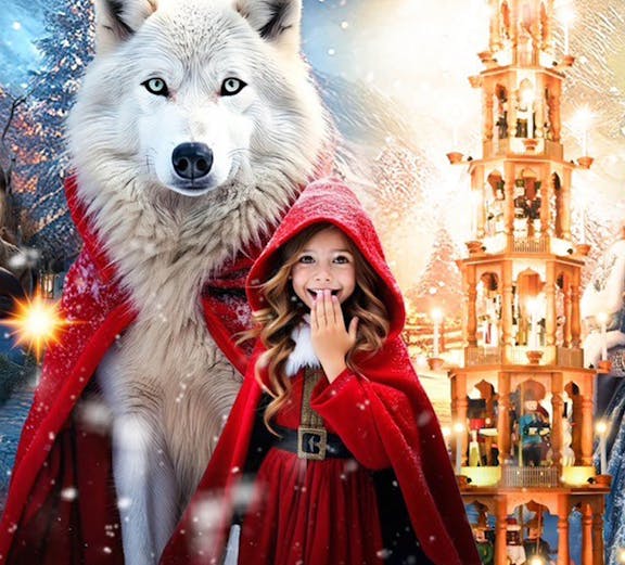 Girl in red cloak with white wolf and festive tower, Tokyo winter attraction.